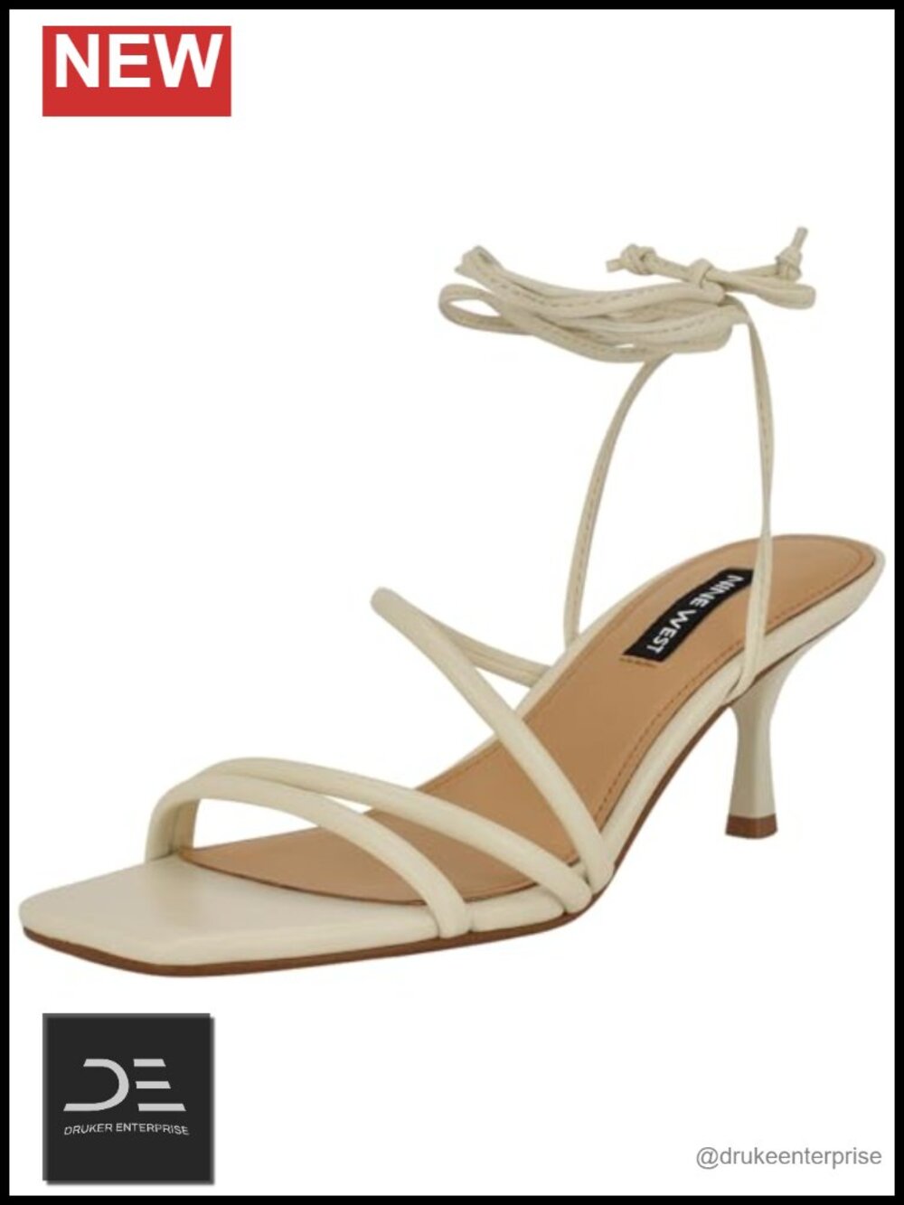 Nine West Hendy Kitten Heel Sandals Lace Up Ankle Strap Faux Leather Square Toe